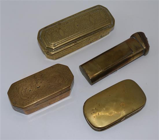 Dutch engraved brass octagonal tobacco box, two other brass boxes and a smokers brass compendium (4)